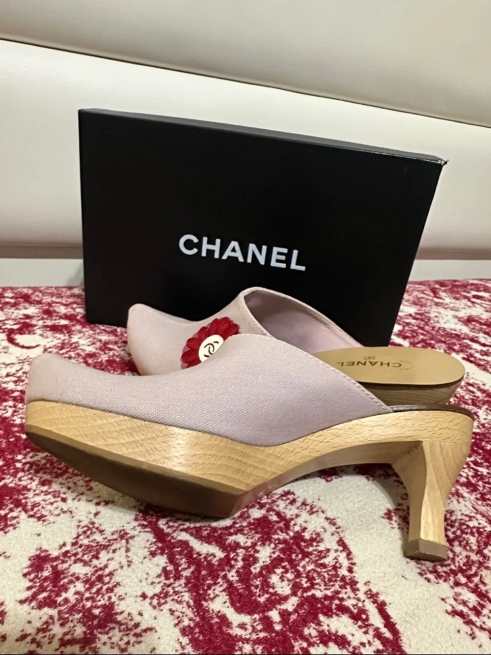 CHANEL Light Purple Canvas Mules with Red Flower Accent